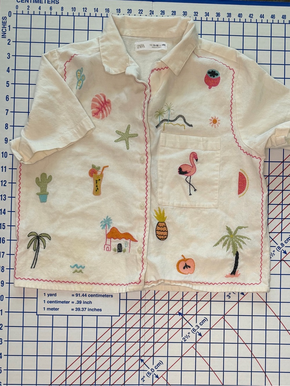 Zara Cream Short-Sleeve Embroidered Tropical Button-Up